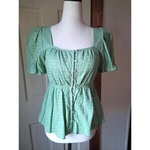 NWOT Draper James RSVP Green Short Sleeve Blouse Embroidered Cottagecore